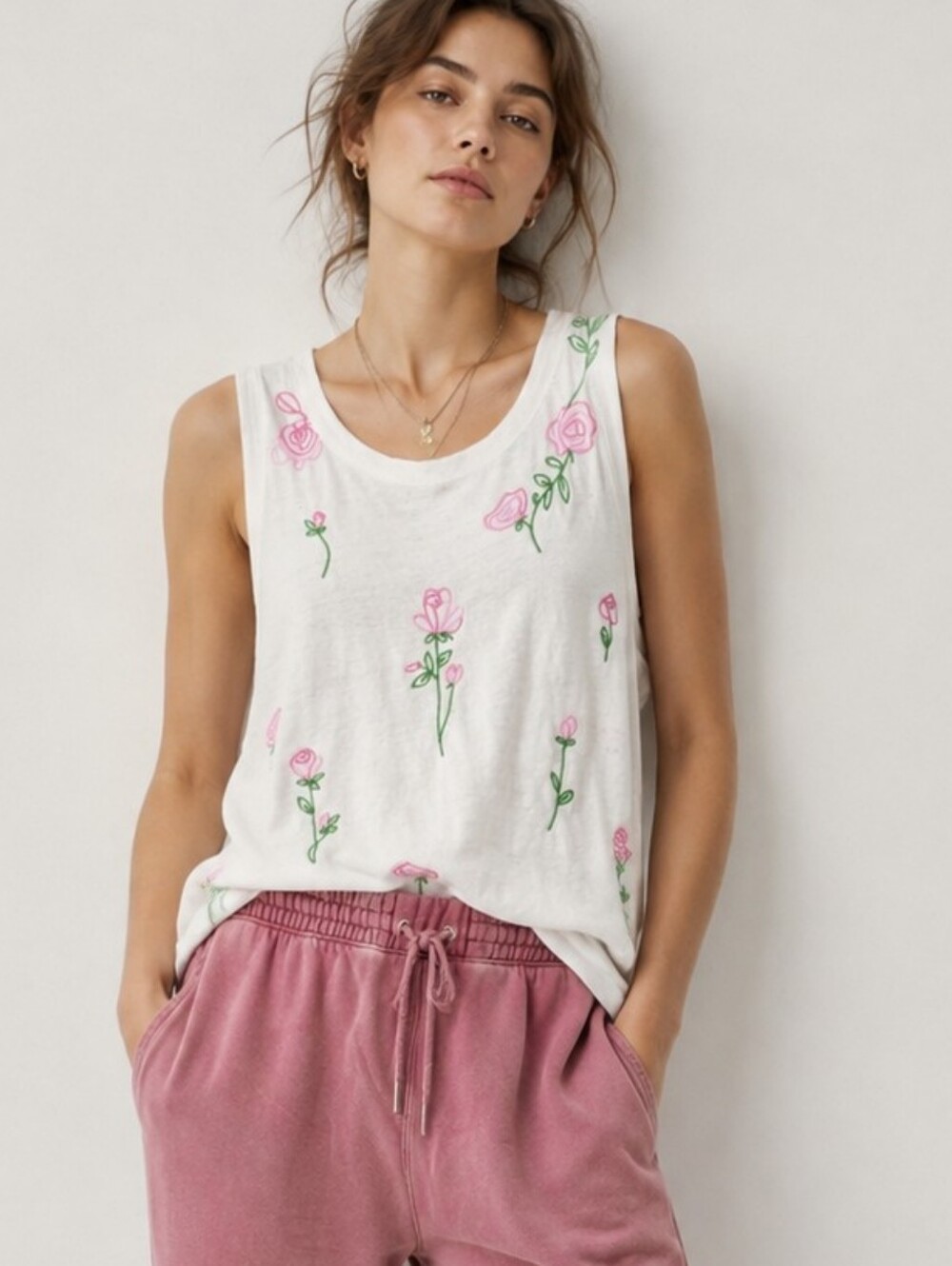 Chaser Linen Embroidered Floral Tank Top